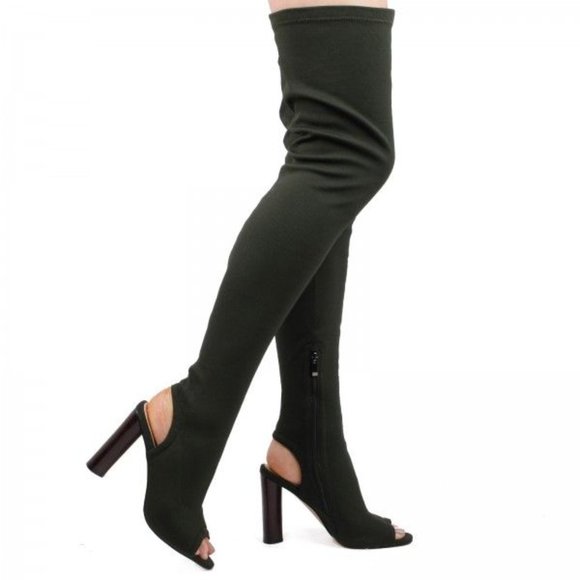 Khaki Thigh High Peep Toe Boot - Picture 1 of 2